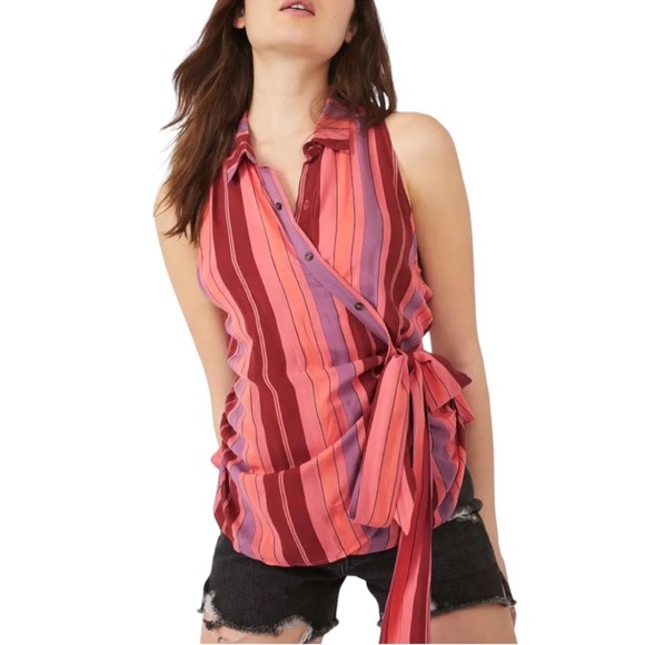 Free People NWT size SM Mackenzie Striped lightweight wrap top - Picture 1 of 8